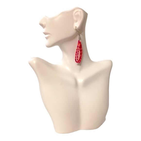 Seed Bead TearDrop Earrings Pink Coral Silver Tone Summer Festival Dangle Spring - Picture 3 of 16